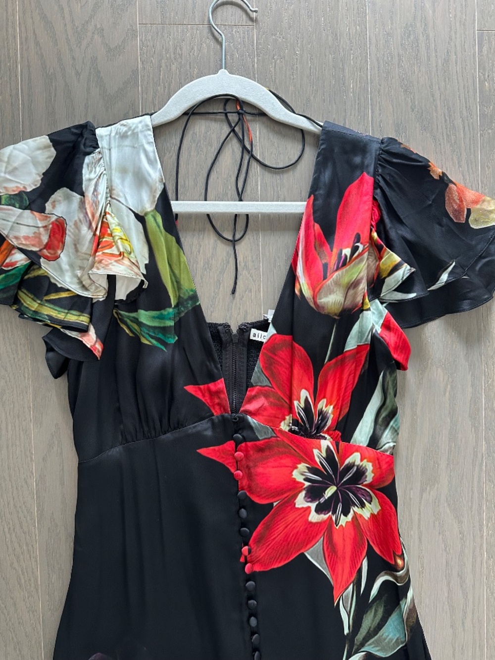 Alice + Olivia FARA Black Floral Butterfly Flutter Sleeve Maxi Dress - Size 2 - Picture 6 of 12